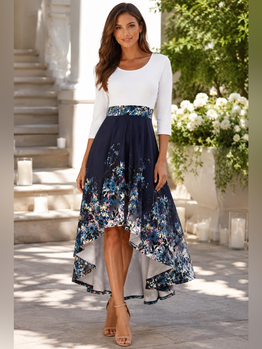 VENUS Asymmetrical High-Low Floral Dress – White & Navy Blue